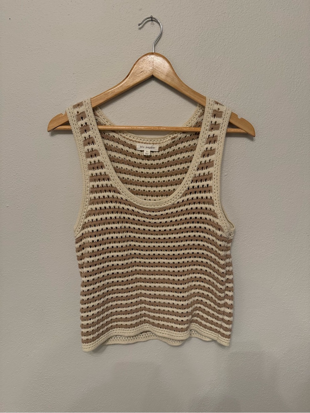 Blu Pepper Cream and Light Brown Striped Crochet Tank